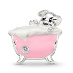 Reflections 925 Sterling Silver Rhodium Plated Pink Enamel and CZ Pig In Bathtub Bead 9 x 13 mm