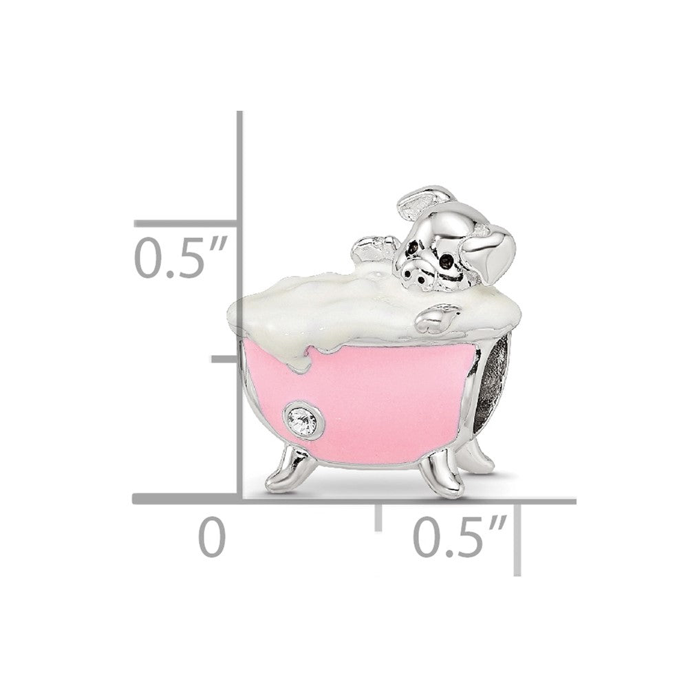Reflections 925 Sterling Silver Rhodium Plated Pink Enamel and CZ Pig In Bathtub Bead 9 x 13 mm