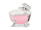 Reflections 925 Sterling Silver Rhodium Plated Pink Enamel and CZ Pig In Bathtub Bead 9 x 13 mm