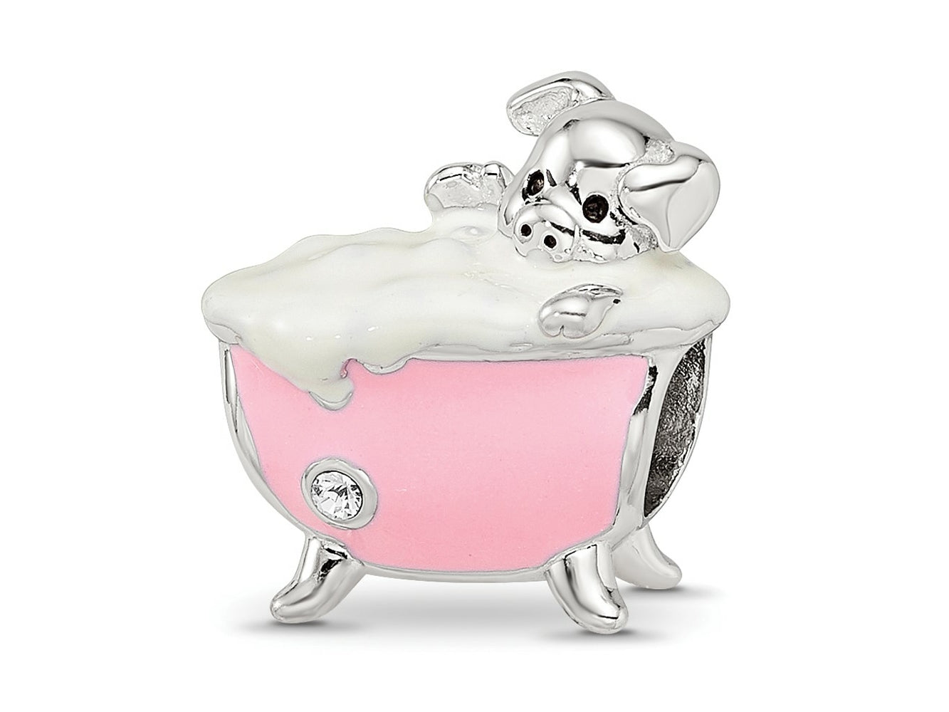 Reflections 925 Sterling Silver Rhodium Plated Pink Enamel and CZ Pig In Bathtub Bead 9 x 13 mm