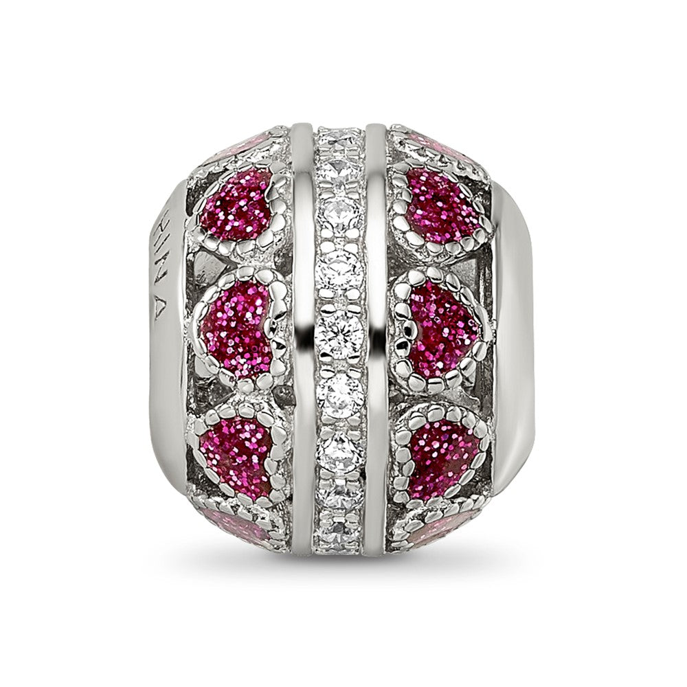 Reflections 925 Sterling Silver Rhodium Plated Pink Enamel Hearts and CZ Circle Bead 11 x 9 mm