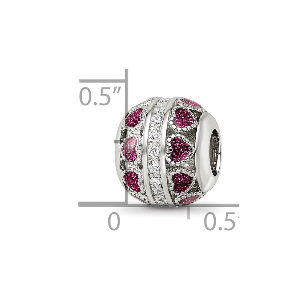 Reflections 925 Sterling Silver Rhodium Plated Pink Enamel Hearts and CZ Circle Bead 11 x 9 mm