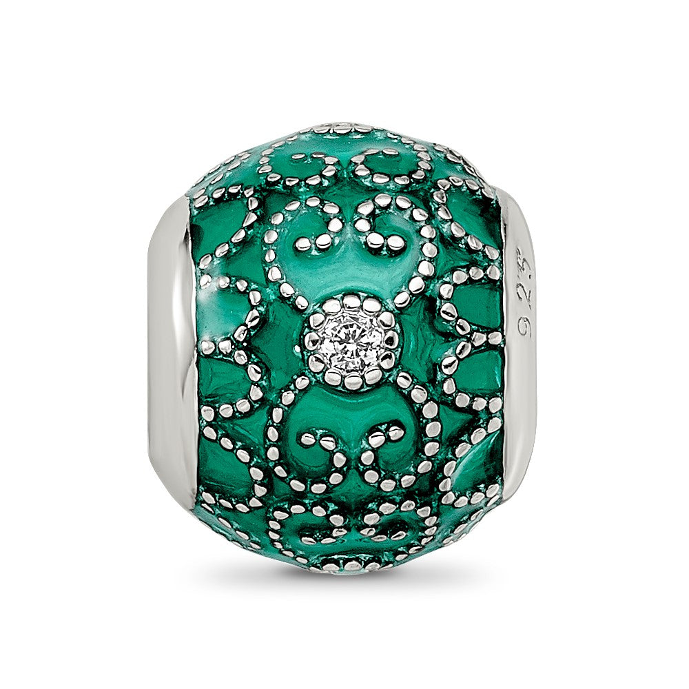 Reflections 925 Sterling Silver Rhodium Plated CZs Green Enameled Bead 11 x 10 mm