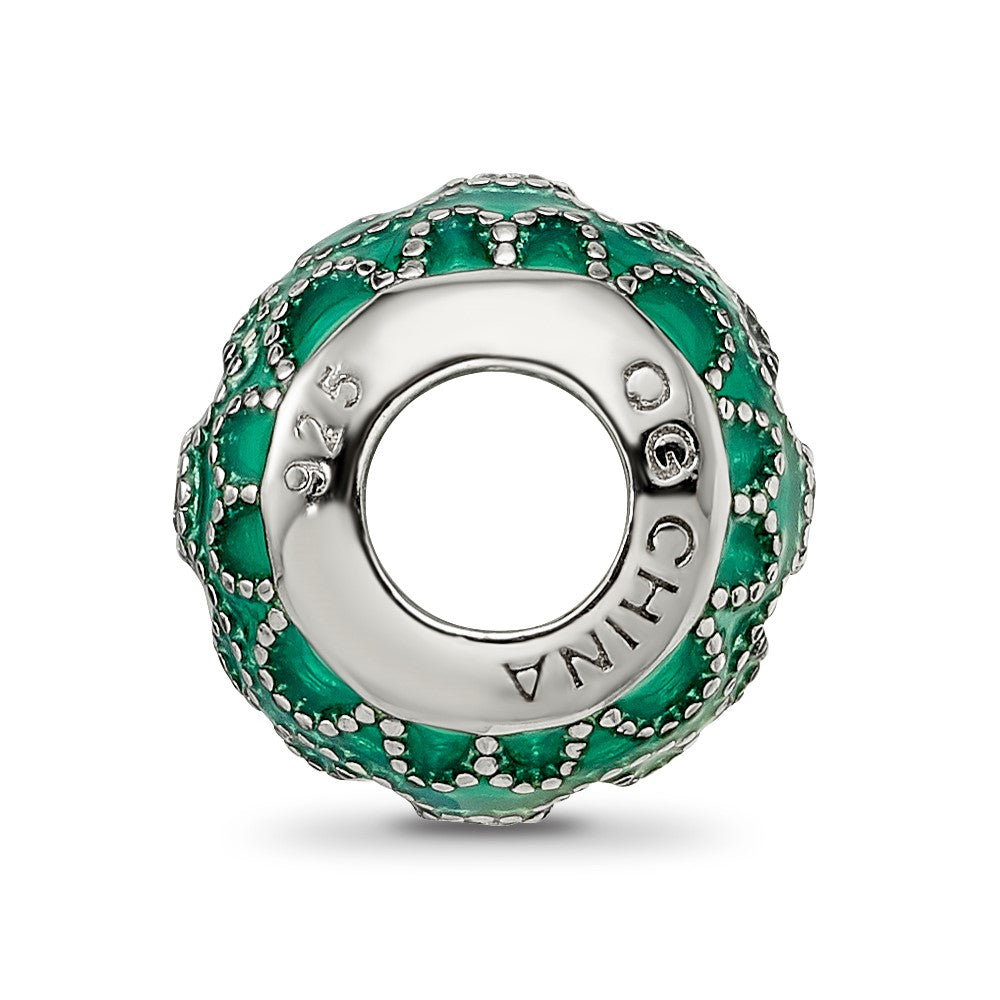 Reflections 925 Sterling Silver Rhodium Plated CZs Green Enameled Bead 11 x 10 mm