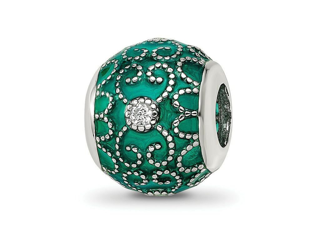 Reflections 925 Sterling Silver Rhodium Plated CZs Green Enameled Bead 11 x 10 mm