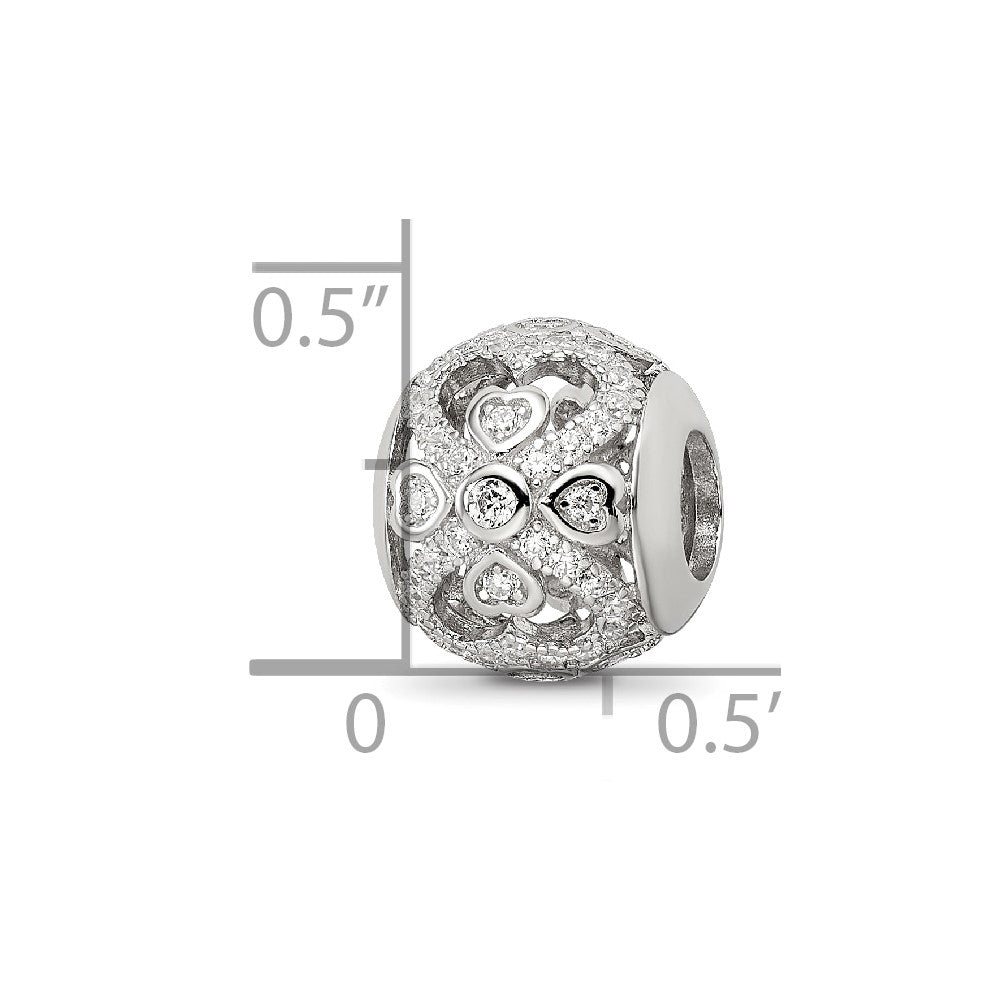 Reflections 925 Sterling Silver Rhodium Plated CZ with Hearts Bead 11 x 10 mm