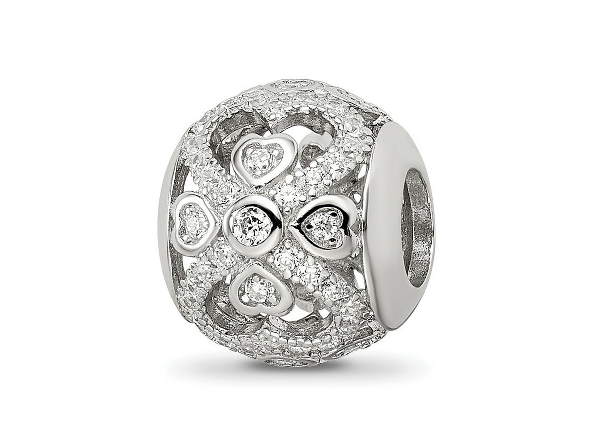 Reflections 925 Sterling Silver Rhodium Plated CZ with Hearts Bead 11 x 10 mm