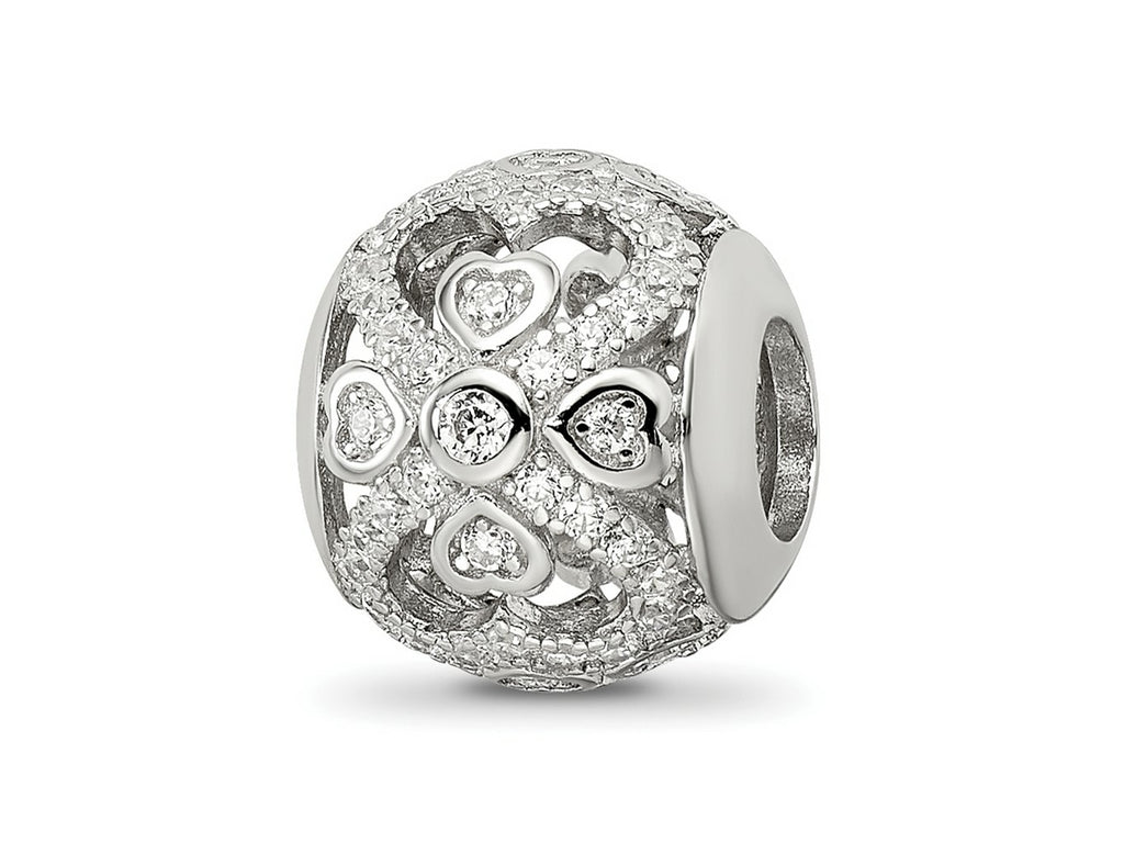 Reflections 925 Sterling Silver Rhodium Plated CZ with Hearts Bead 11 x 10 mm
