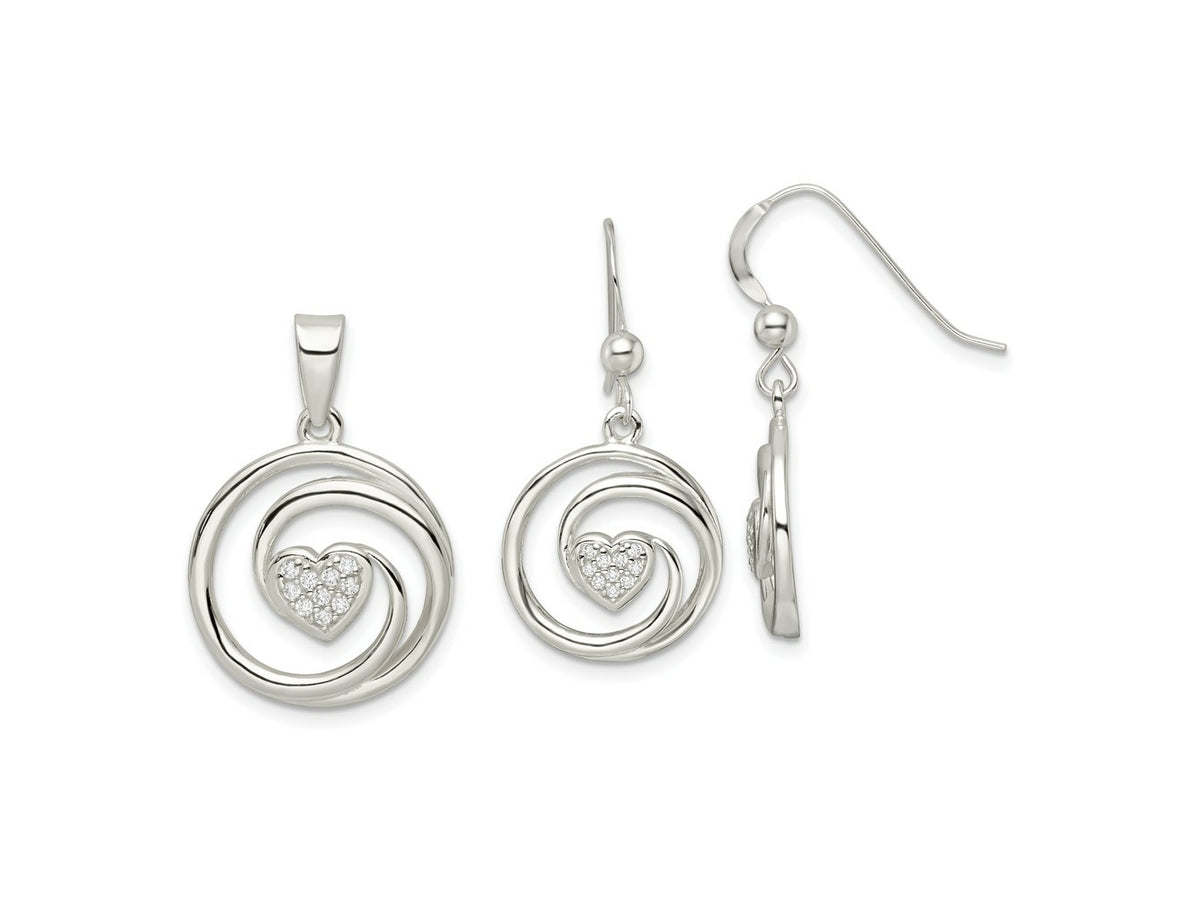 FJC Finejewelers 925 Sterling Silver CZ Heart in Circle Pendant and Earrings Set