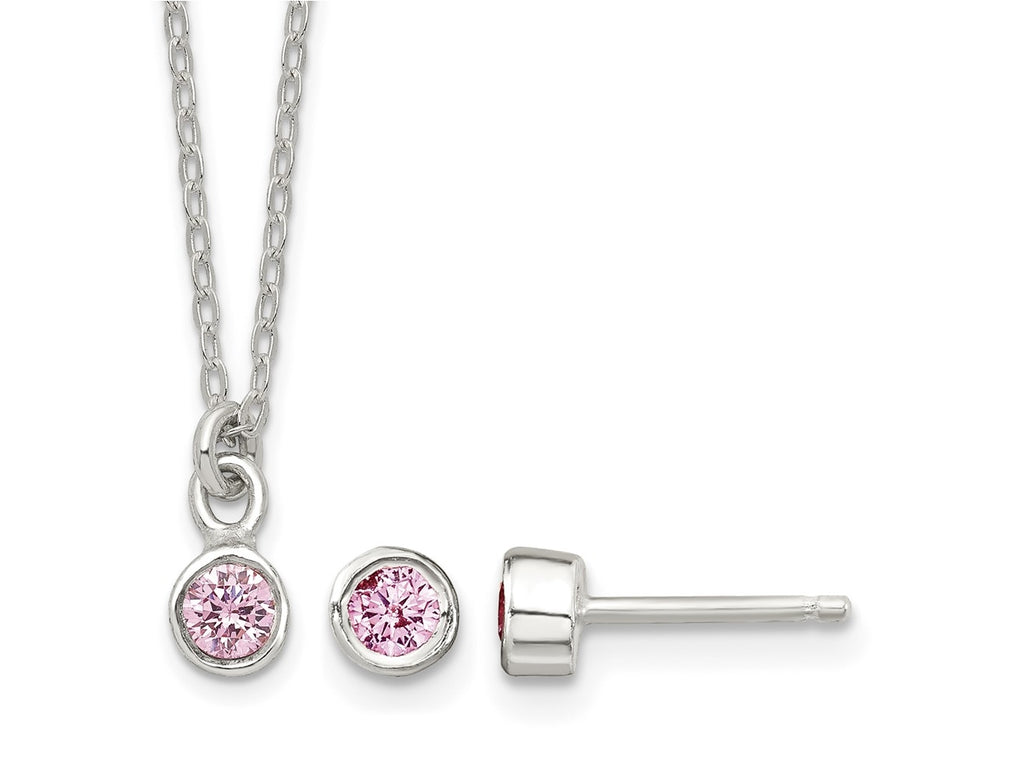 FJC Finejewelers 925 Sterling Silver Pink Bezel CZ Necklace and Stud Earrings Set
