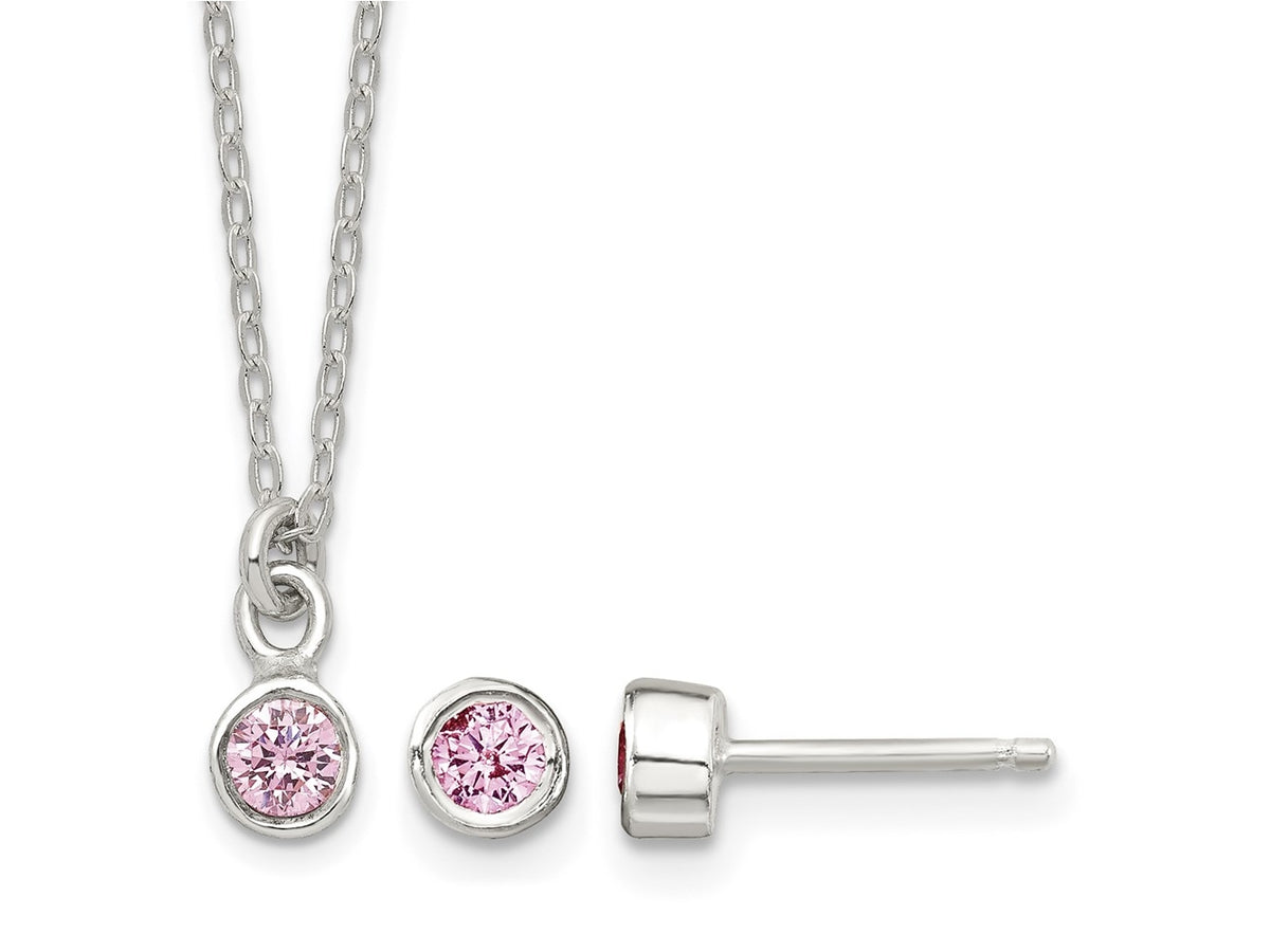 FJC Finejewelers 925 Sterling Silver Pink Bezel CZ Necklace and Stud Earrings Set