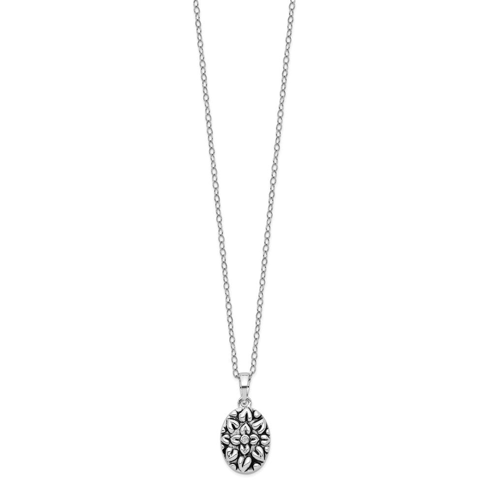 Sentimental Expressions 925 Sterling Silver  CZ Antiqued Flower Ash Holder 18in Necklace 13 mm