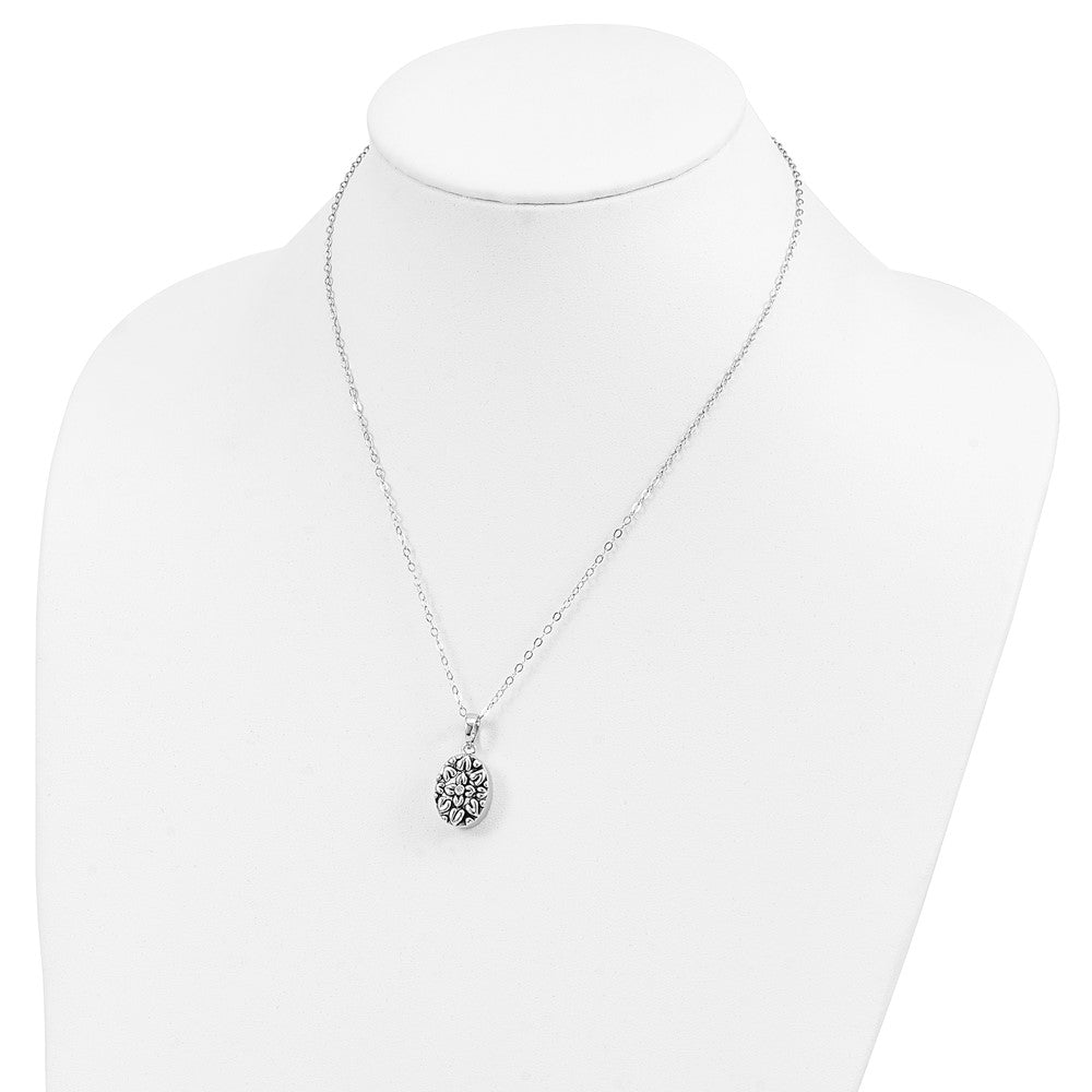 Sentimental Expressions 925 Sterling Silver  CZ Antiqued Flower Ash Holder 18in Necklace 13 mm