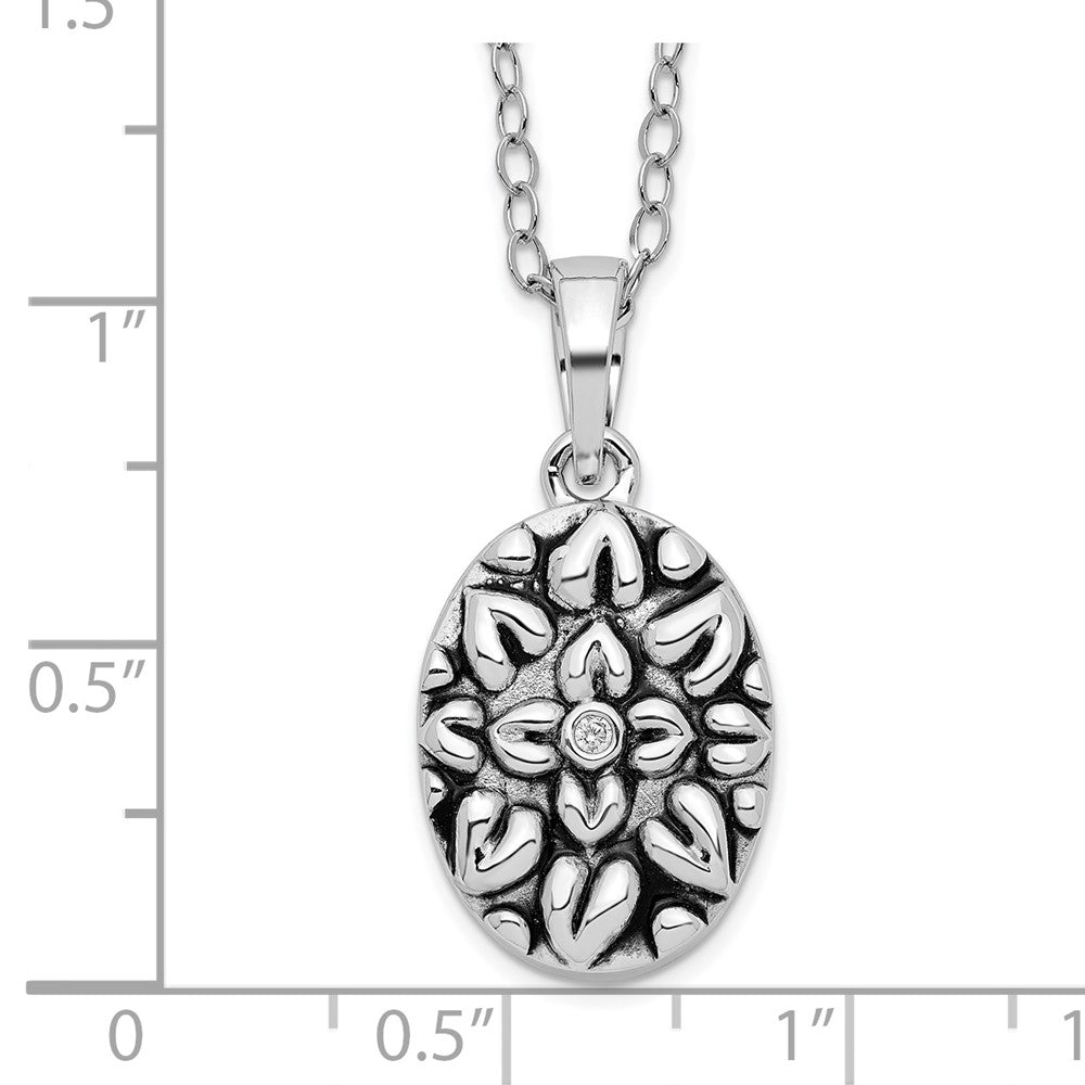Sentimental Expressions 925 Sterling Silver  CZ Antiqued Flower Ash Holder 18in Necklace 13 mm