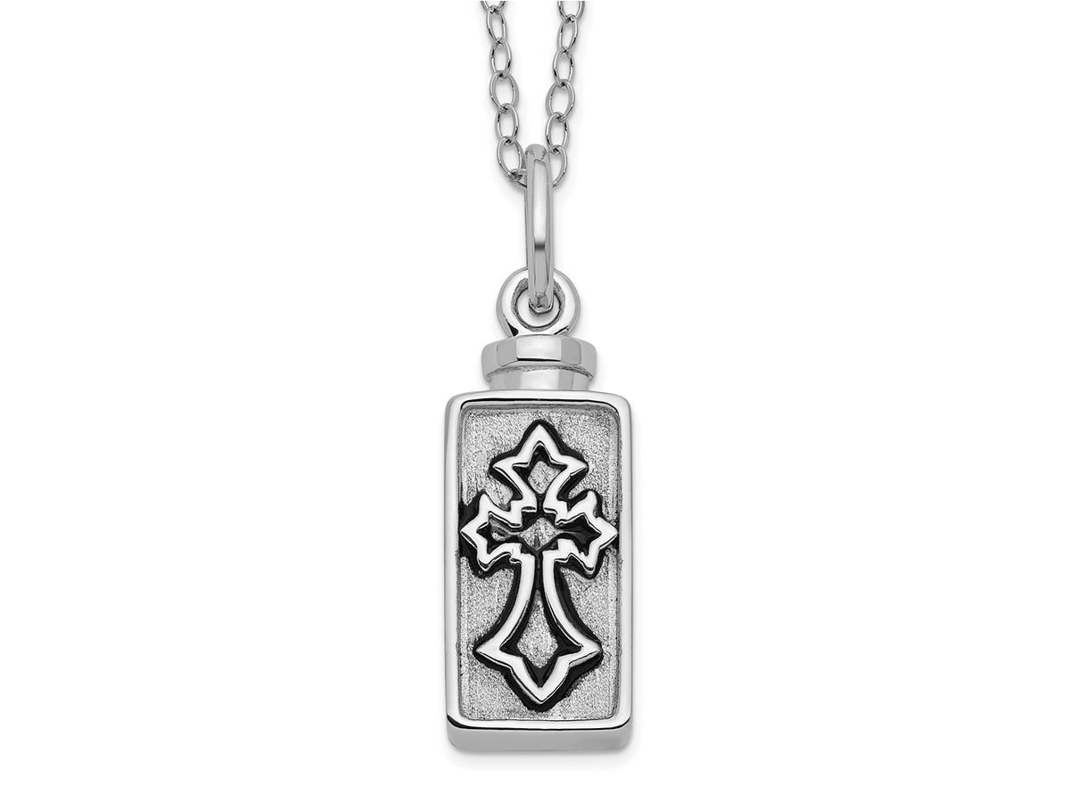 Sentimental Expressions 925 Sterling Silver Rhodium Antiqued Rectangle Cross Ash Holder 18in Necklace 10 mm