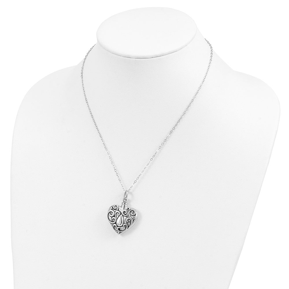 Sentimental Expressions 925 Sterling Silver Rhodium Antiqued Grieving Heart Ash Holder 18in. Necklace 18 Inches x 28 mm