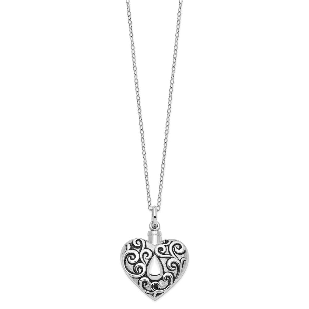Sentimental Expressions 925 Sterling Silver Rhodium Antiqued Grieving Heart Ash Holder 18in. Necklace 18 Inches x 28 mm