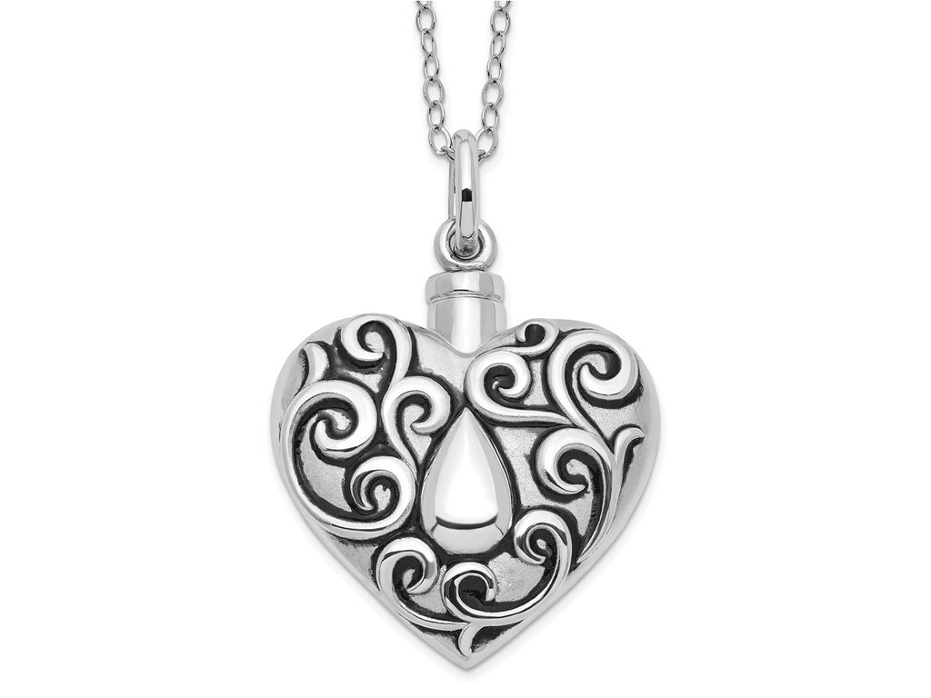 Sentimental Expressions 925 Sterling Silver Rhodium Antiqued Grieving Heart Ash Holder 18in. Necklace 18 Inches x 28 mm