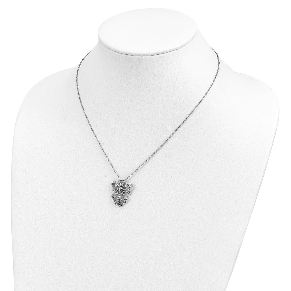 Sentimental Expressions 925 Sterling Silver Cable CZ Antiqued Angel, Heavenly Angel 18 Inch Necklace 18 Inches x 19 mm