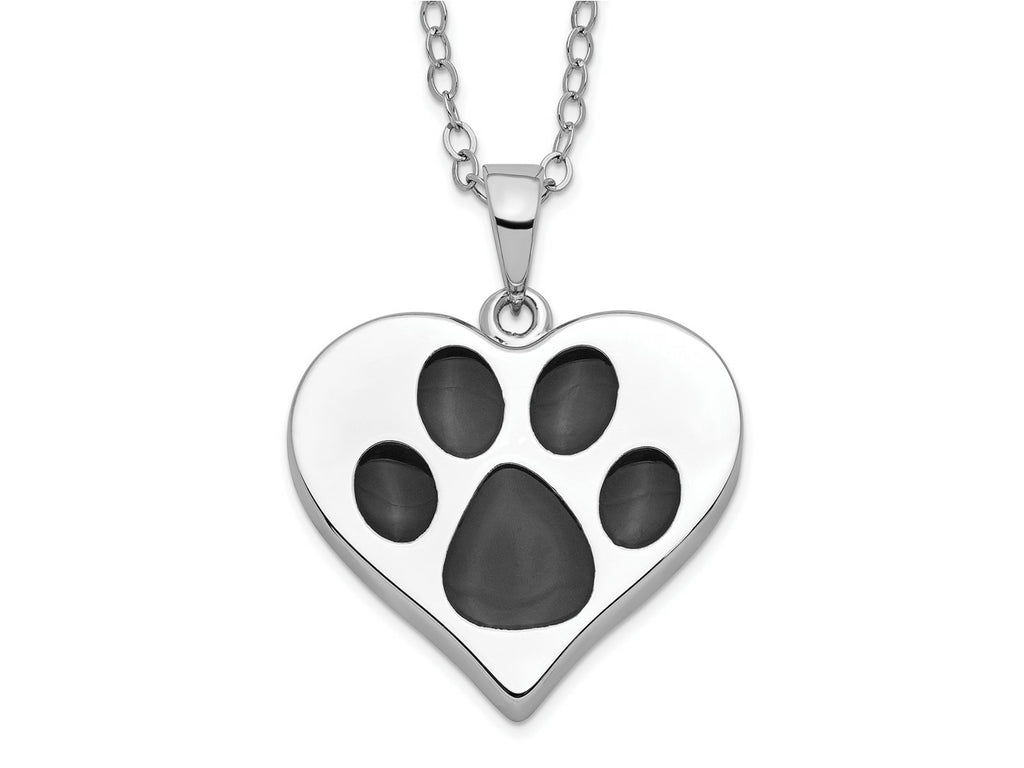 Sentimental Expressions 925 Sterling Silver Rhodium Antiqued Black Paw Heart Ash Holder Necklace 18 Inches x 25 mm