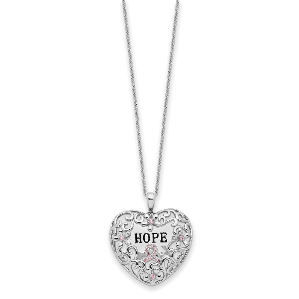 Sentimental Expressions 925 Sterling Silver  Pink CZ Breast Cancer Heart Necklace 18 Inches x 27 mm