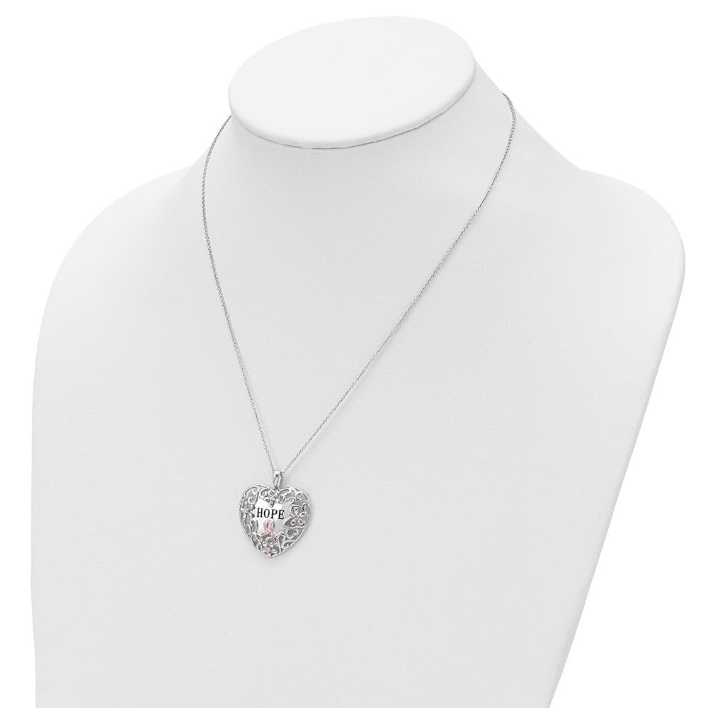 Sentimental Expressions 925 Sterling Silver  Pink CZ Breast Cancer Heart Necklace 18 Inches x 27 mm