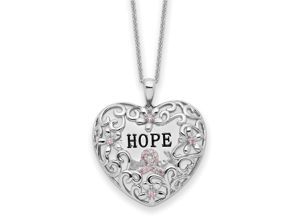 Sentimental Expressions 925 Sterling Silver  Pink CZ Breast Cancer Heart Necklace 18 Inches x 27 mm