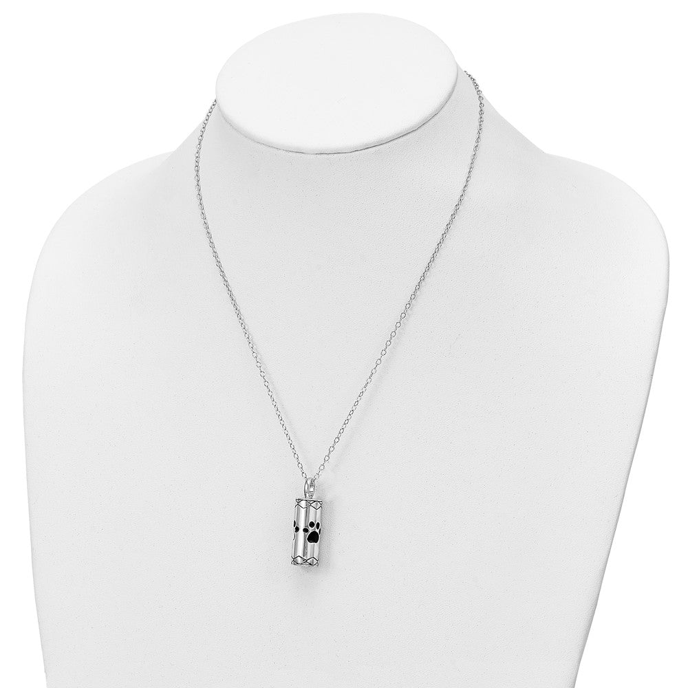 Sentimental Expressions 925 Sterling Silver Antiqued Paws Cylinder Ash Holder Necklace 18 Inches x 10 mm