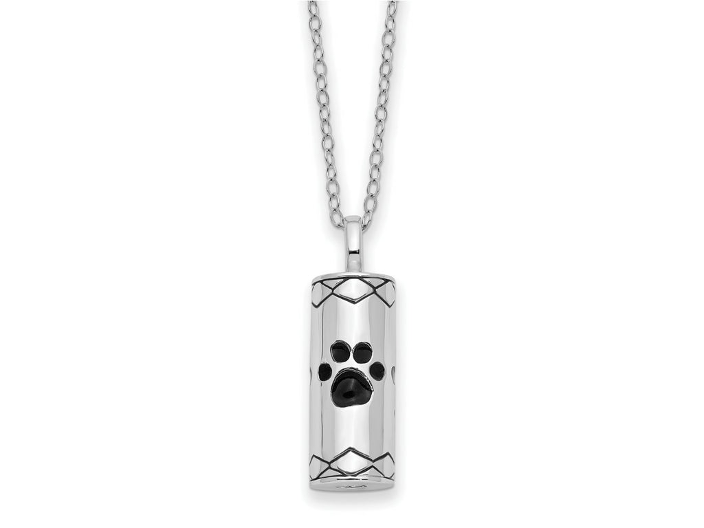 Sentimental Expressions 925 Sterling Silver Antiqued Paws Cylinder Ash Holder Necklace 18 Inches x 10 mm