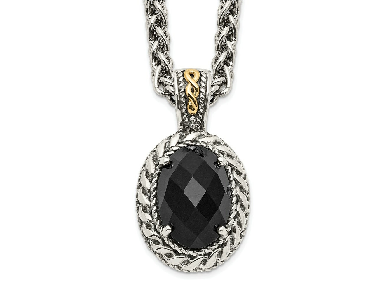 FJC Finejewelers Sterling Silver with 14kt Accent Spiga with Antiqued Onyx Necklace 18 Inches x 16 mm