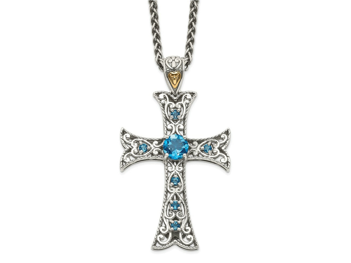 FJC Finejewelers 14k/Silver Two-Tone with London Blue Topaz Cross Necklace
