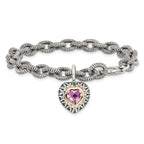 FJC Finejewelers Sterling Silver with 14kt Accent Antiqued Created Pink Sapphire Heart Bracelet 7.5 Inches