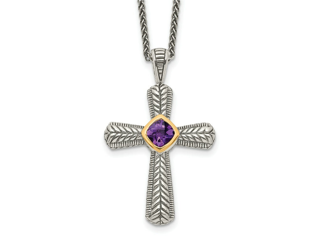 FJC Finejewelers Sterling Silver and 14k Accent Antiqued with Amethyst Cross Necklace 18 Inches x 26 mm