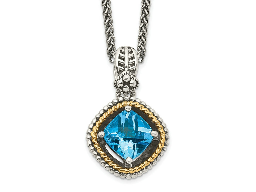 FJC Finejewelers Sterling Silver with 14kt Accent Antiqued with Swiss Blue Topaz Necklace 12 mm