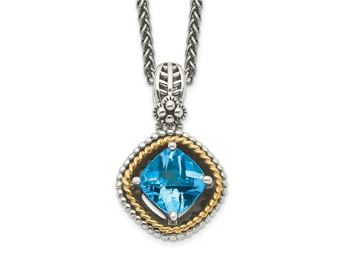 FJC Finejewelers Sterling Silver with 14kt Accent Antiqued with Swiss Blue Topaz Necklace 12 mm