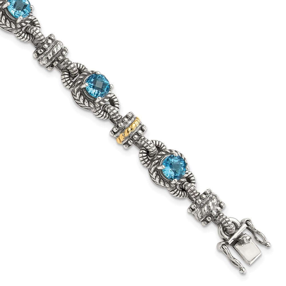 FJC Finejewelers Sterling Silver with 14kt Accent Antiqued with Swiss Blue Topaz Bracelet 7.5 Inches