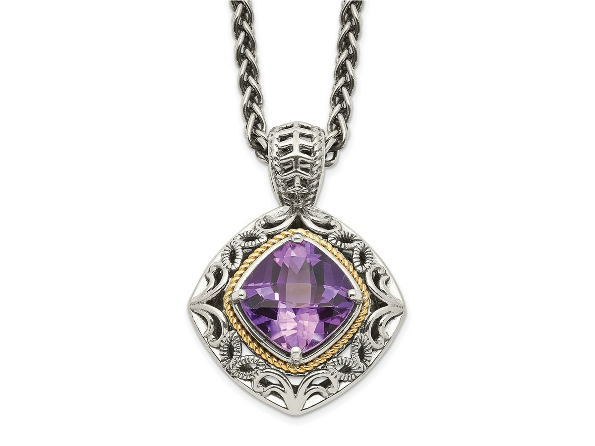 FJC Finejewelers Sterling Silver with 14kt Accent Spiga Antiqued with Amethyst Necklace 18 Inches x 22 mm