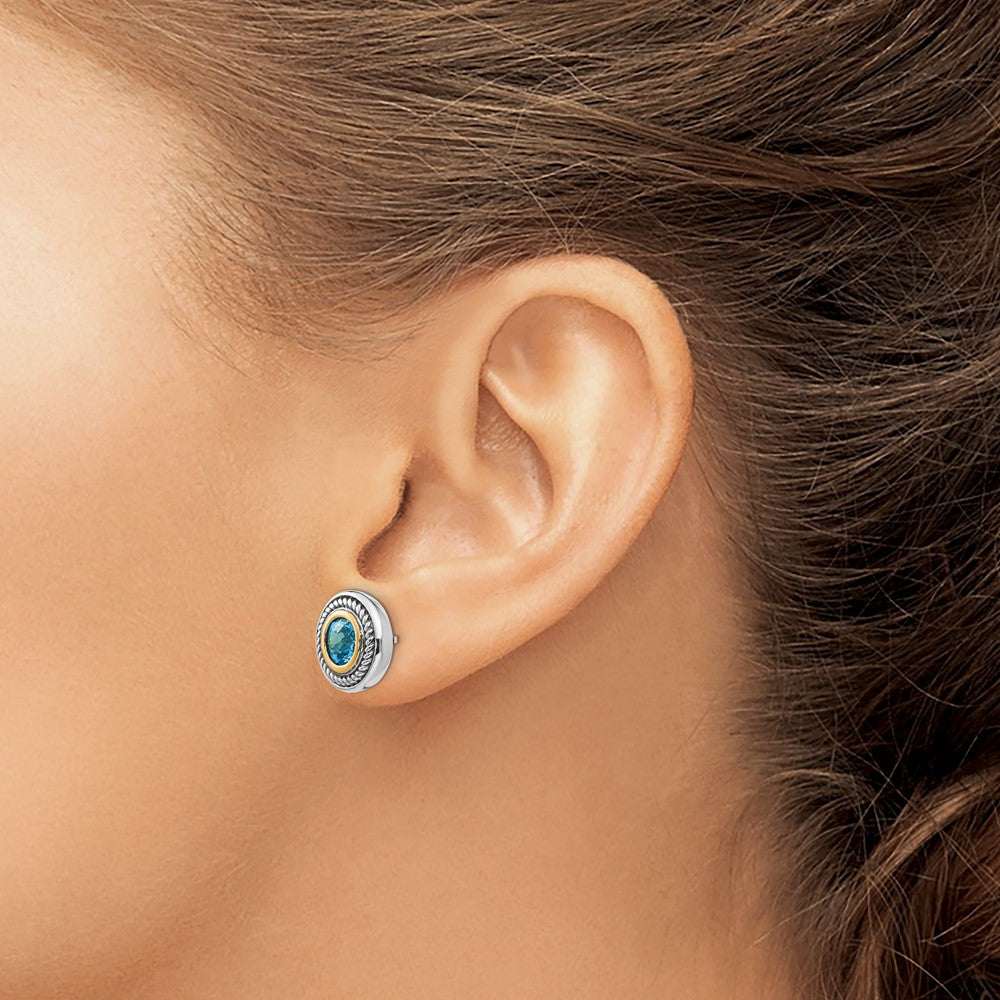 FJC Finejewelers Silver and 14k Gold Two-Tone Antiqued with 6mm Blue Topaz Earrings 12 x 12 mm
