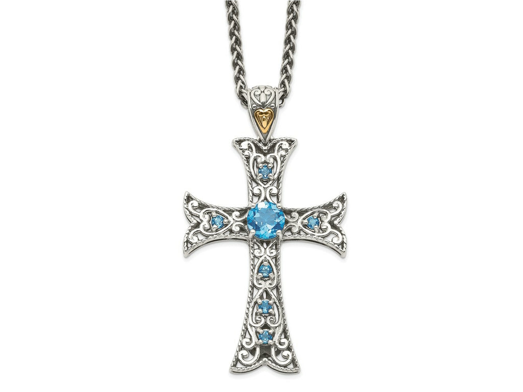 FJC Finejewelers Sterling Silver with 14kt Accent Rhodium Plated with Blue Topaz Cross Necklace 31 mm