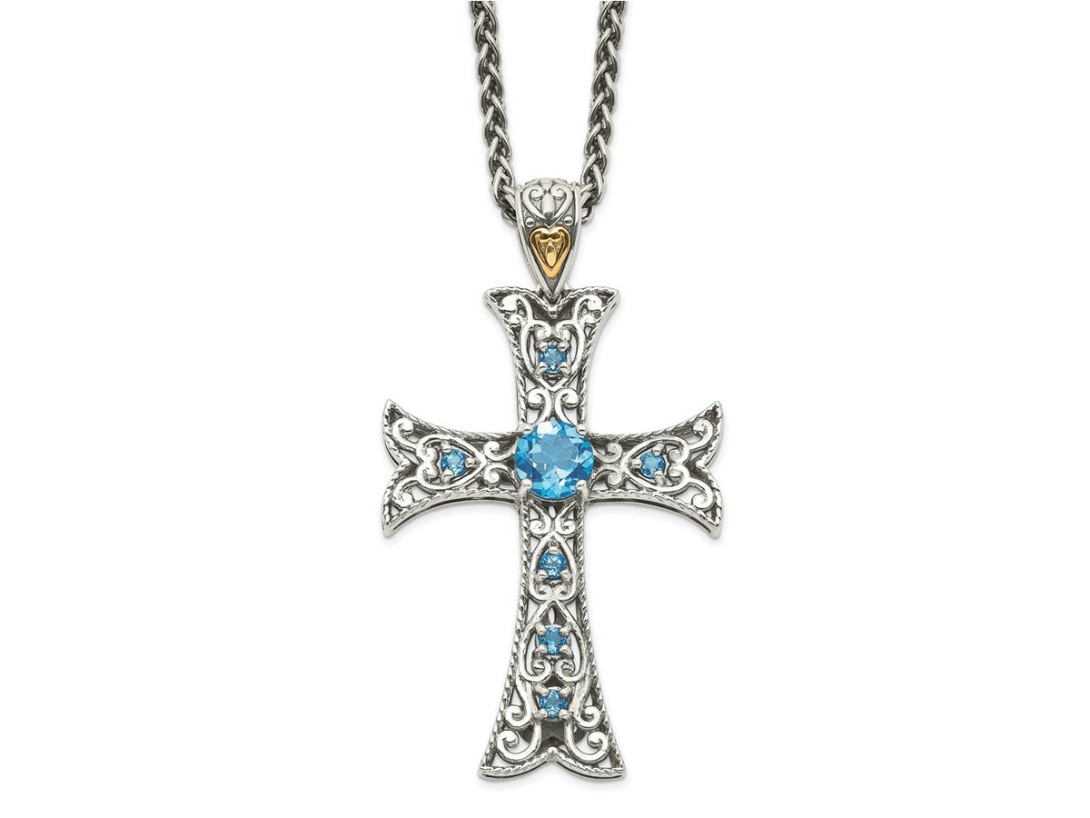 FJC Finejewelers Sterling Silver with 14kt Accent Rhodium Plated with Blue Topaz Cross Necklace 31 mm