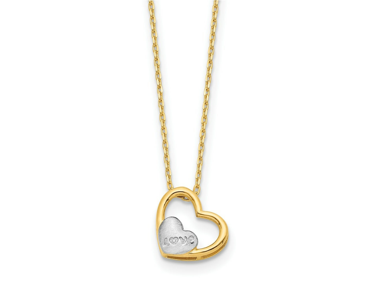 FJC Finejewelers 14 kt Yellow Gold and Rhodium Brushed and Love Heart Necklace 17 Inches x 10 mm