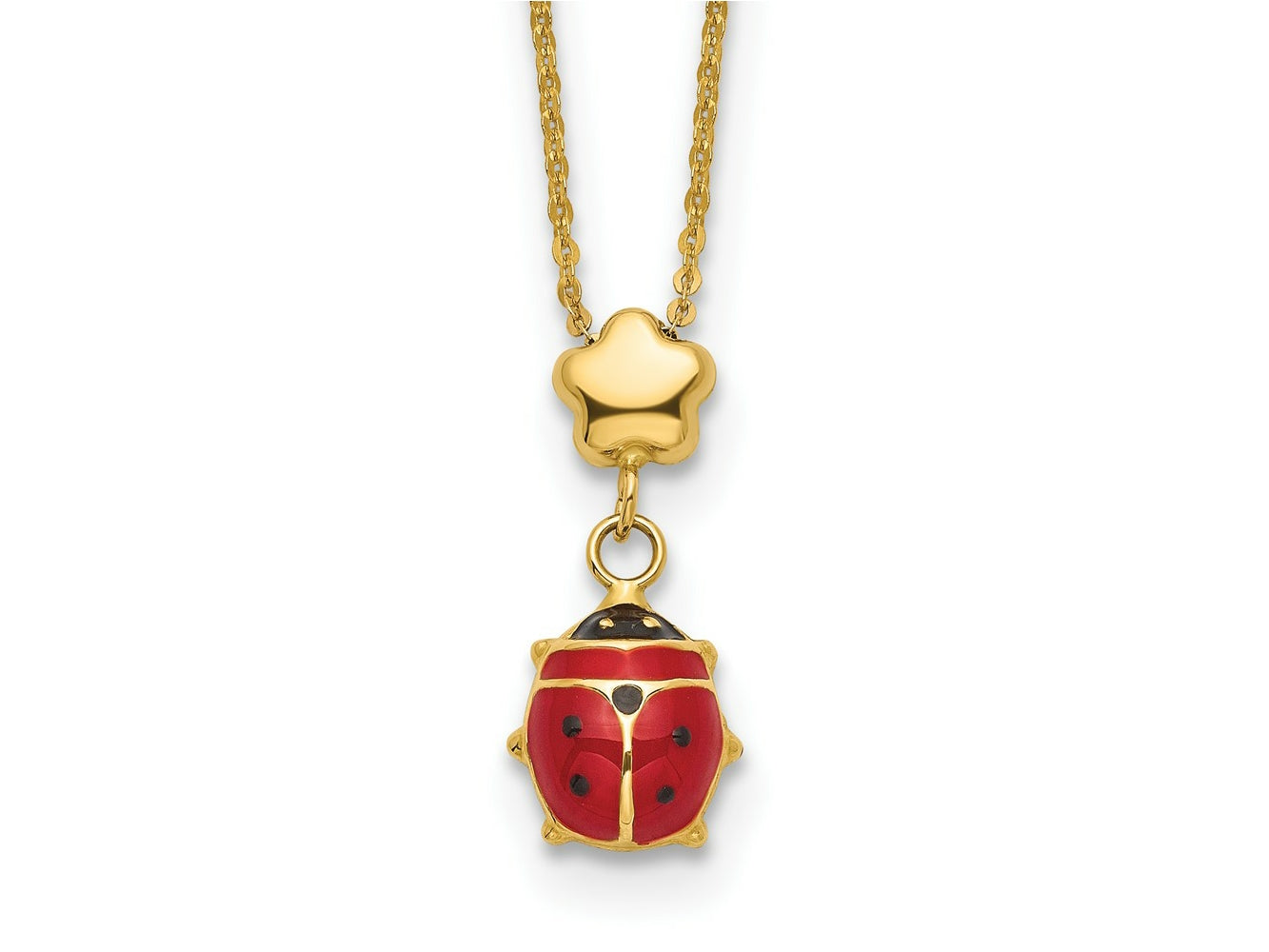 FJC Finejewelers 14 kt Yellow Gold Polished Enameled Flower with Ladybug Necklace 16.5 Inches x 7 mm