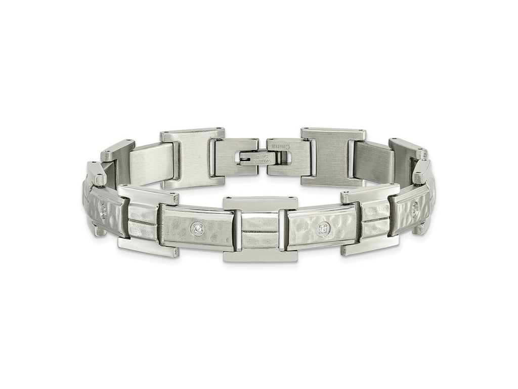 FJC Finejewelers Stainless Steel Link Brushed and Hammered with CZ Bracelet 8.5 Inches x 12.05 mm