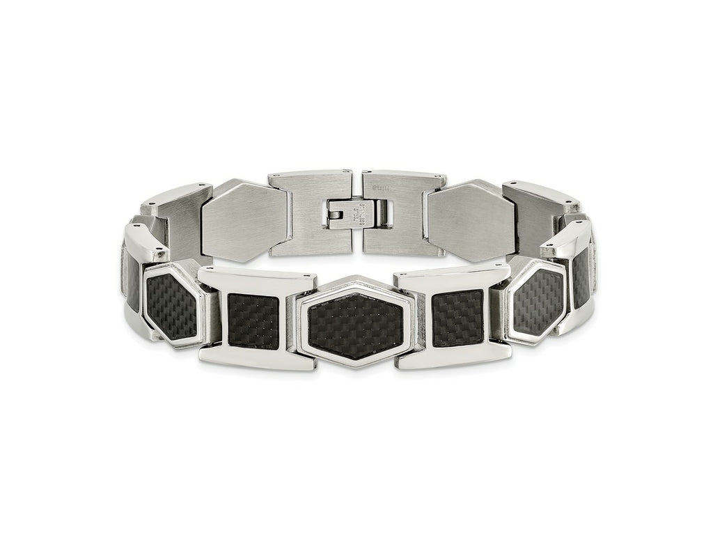 FJC Finejewelers Stainless Steel Link with Black Carbon Fiber Inlay Bracelet 8.75 Inches x 13.92 mm