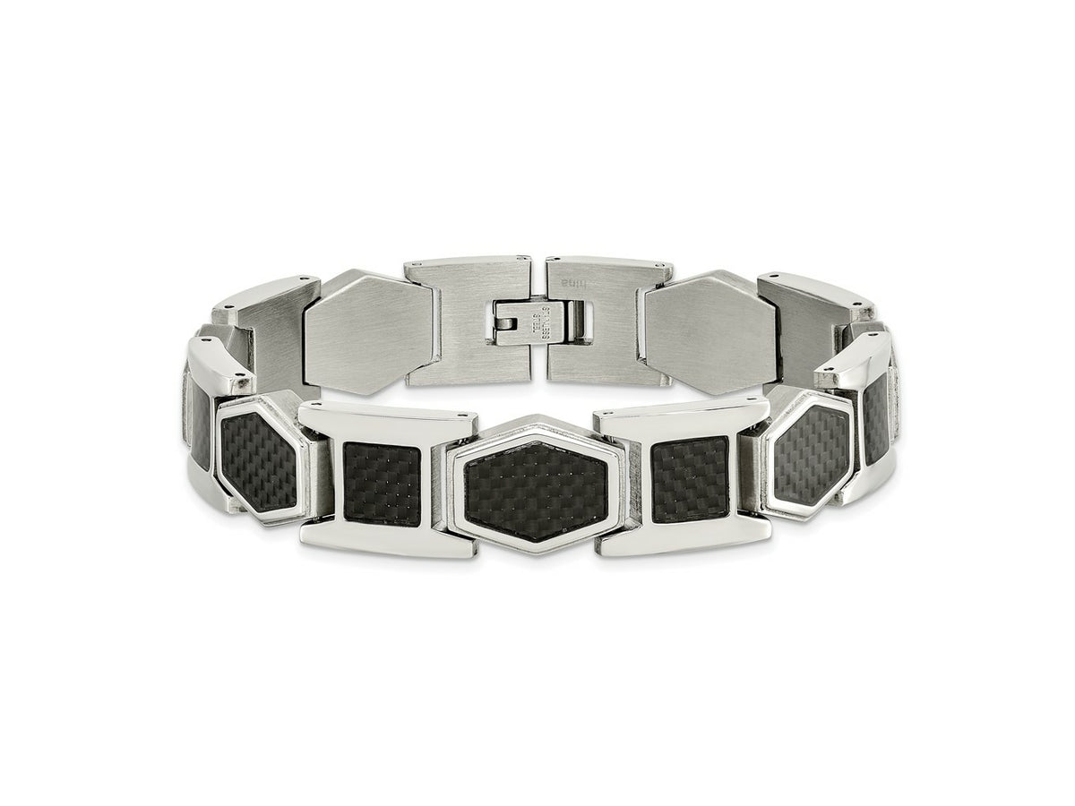 FJC Finejewelers Stainless Steel Link with Black Carbon Fiber Inlay Bracelet 8.75 Inches x 13.92 mm