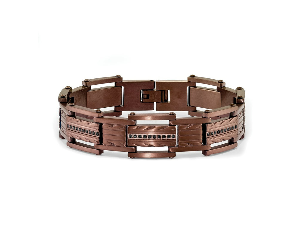 FJC Finejewelers Stainless Steel Link Brushed and Textured Brown IP with Black CZ Bracelet 8.25 Inches x 15.8 mm