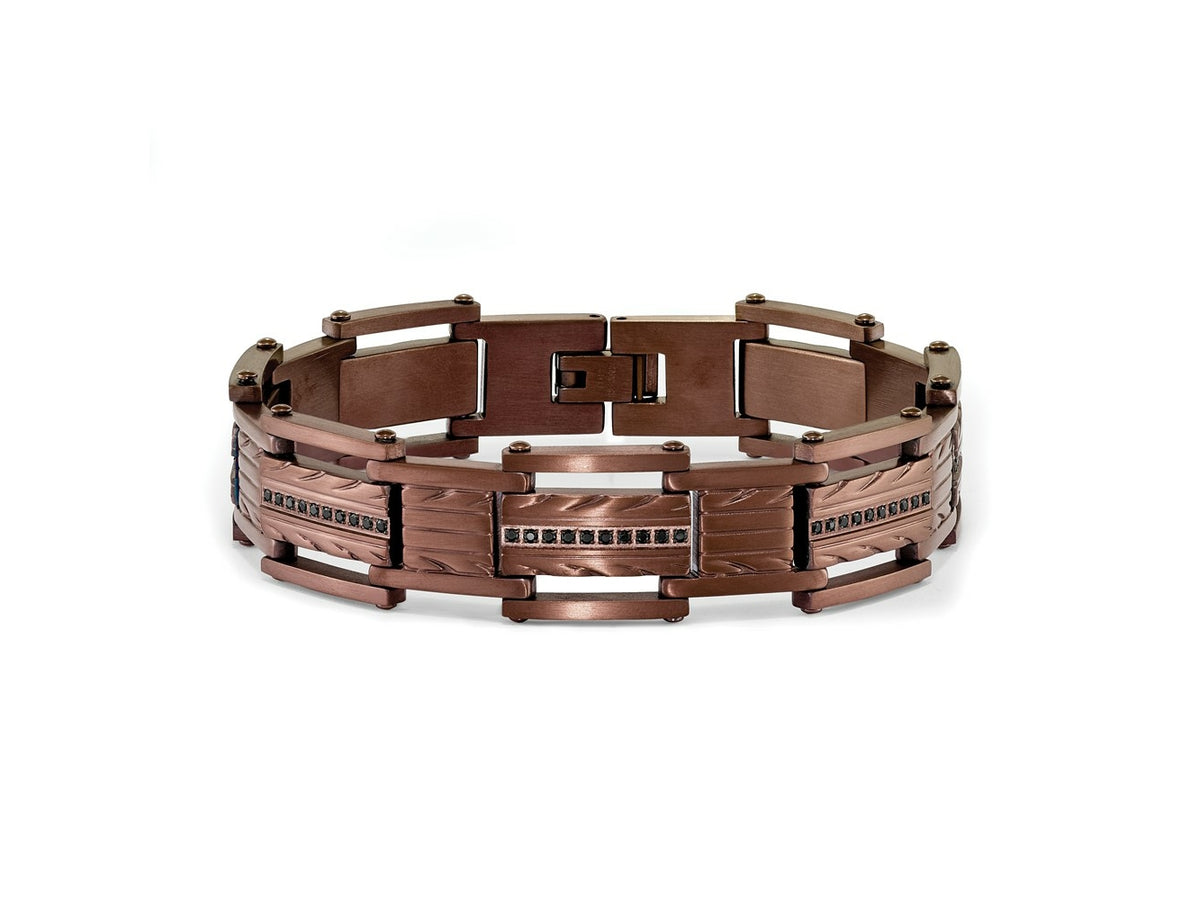 FJC Finejewelers Stainless Steel Link Brushed and Textured Brown IP with Black CZ Bracelet 8.25 Inches x 15.8 mm