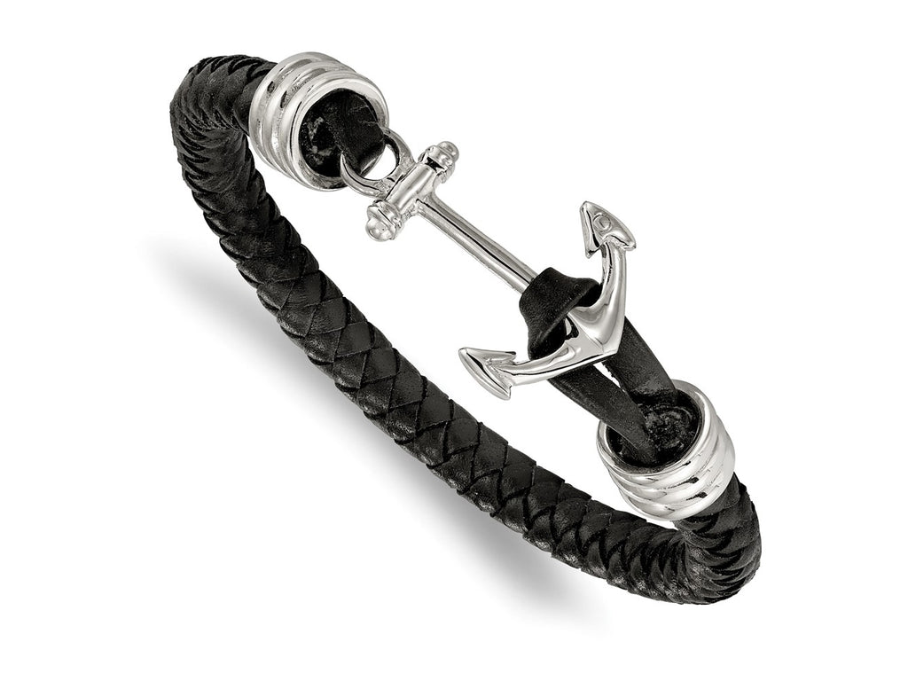 FJC Finejewelers Stainless Steel Cord, Leather and Rubber Black Braided Leather Anchor 8.5in Bracelet 8.5 Inches x 6.5 m