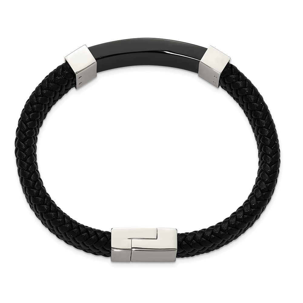 FJC Finejewelers Stainless Steel Polished Black IP-plated Black Leather 8.5in Bracelet 8.5 Inches x 10 mm