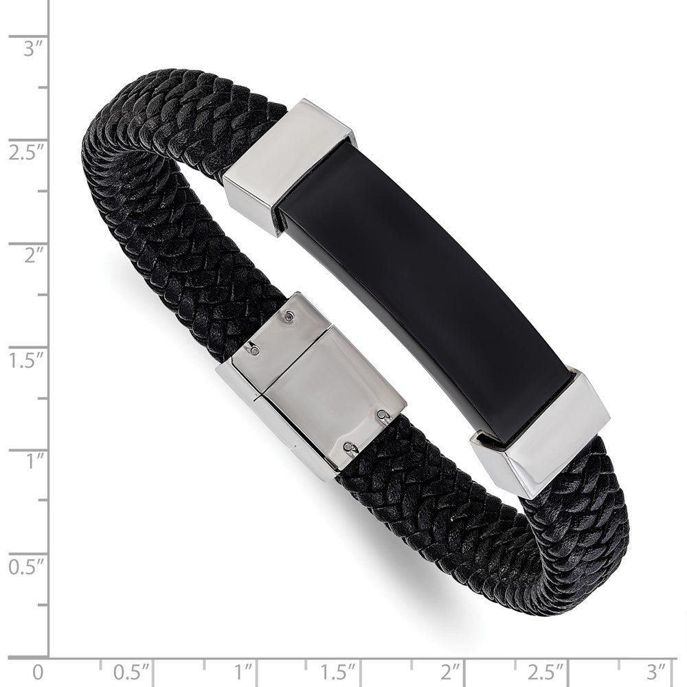 FJC Finejewelers Stainless Steel Polished Black IP-plated Black Leather 8.5in Bracelet 8.5 Inches x 10 mm